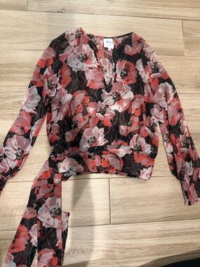 Misa Los Angeles Black Red Floral Tie-Waist Blouse